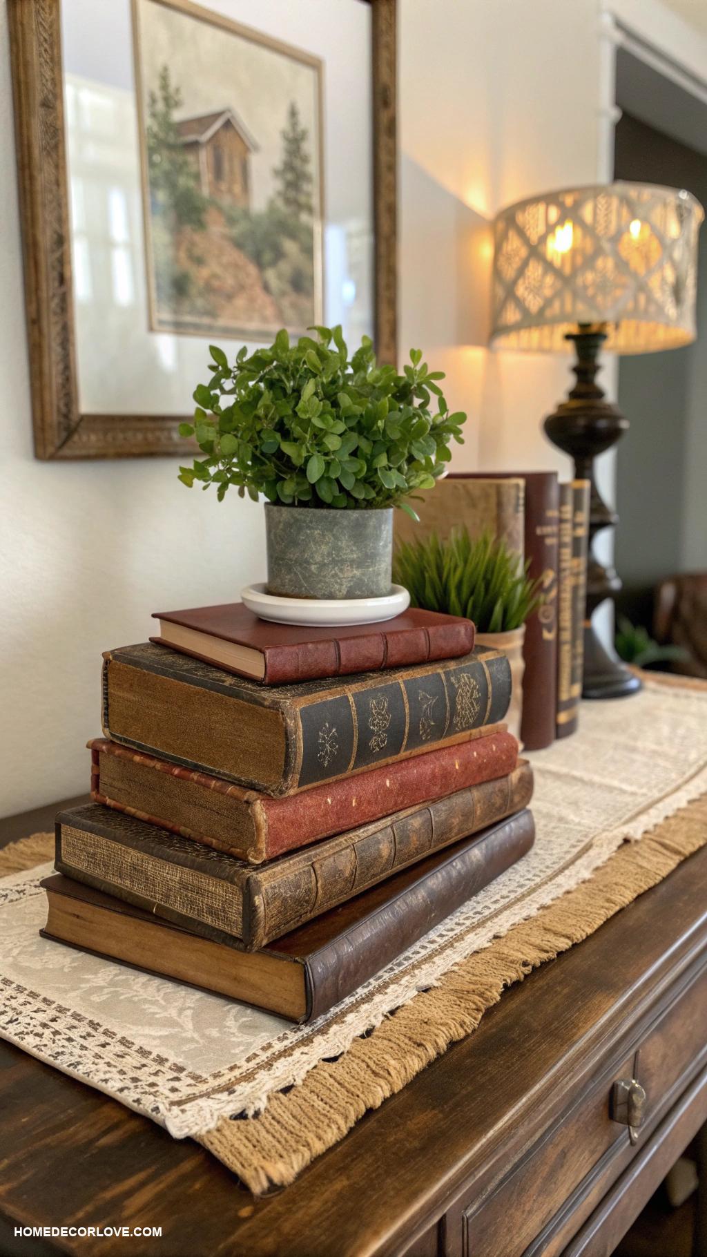 entryway table decor ideas Vintage books stacked with a small plant