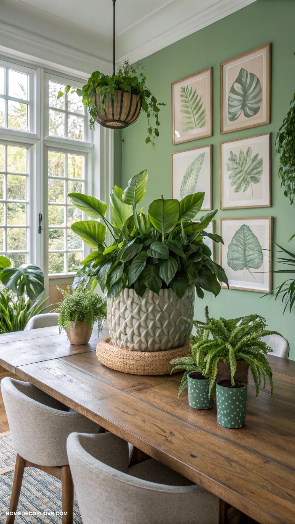 green dining room ideas Fresh potted plants on dining table