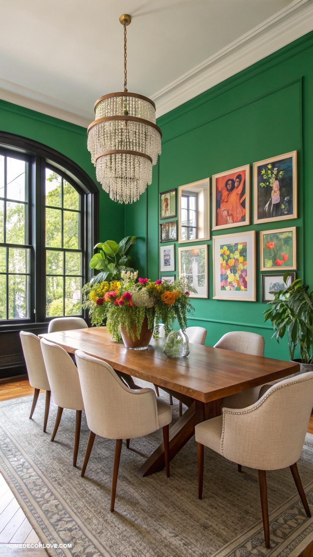 green dining room ideas Green accent wall with artwork
