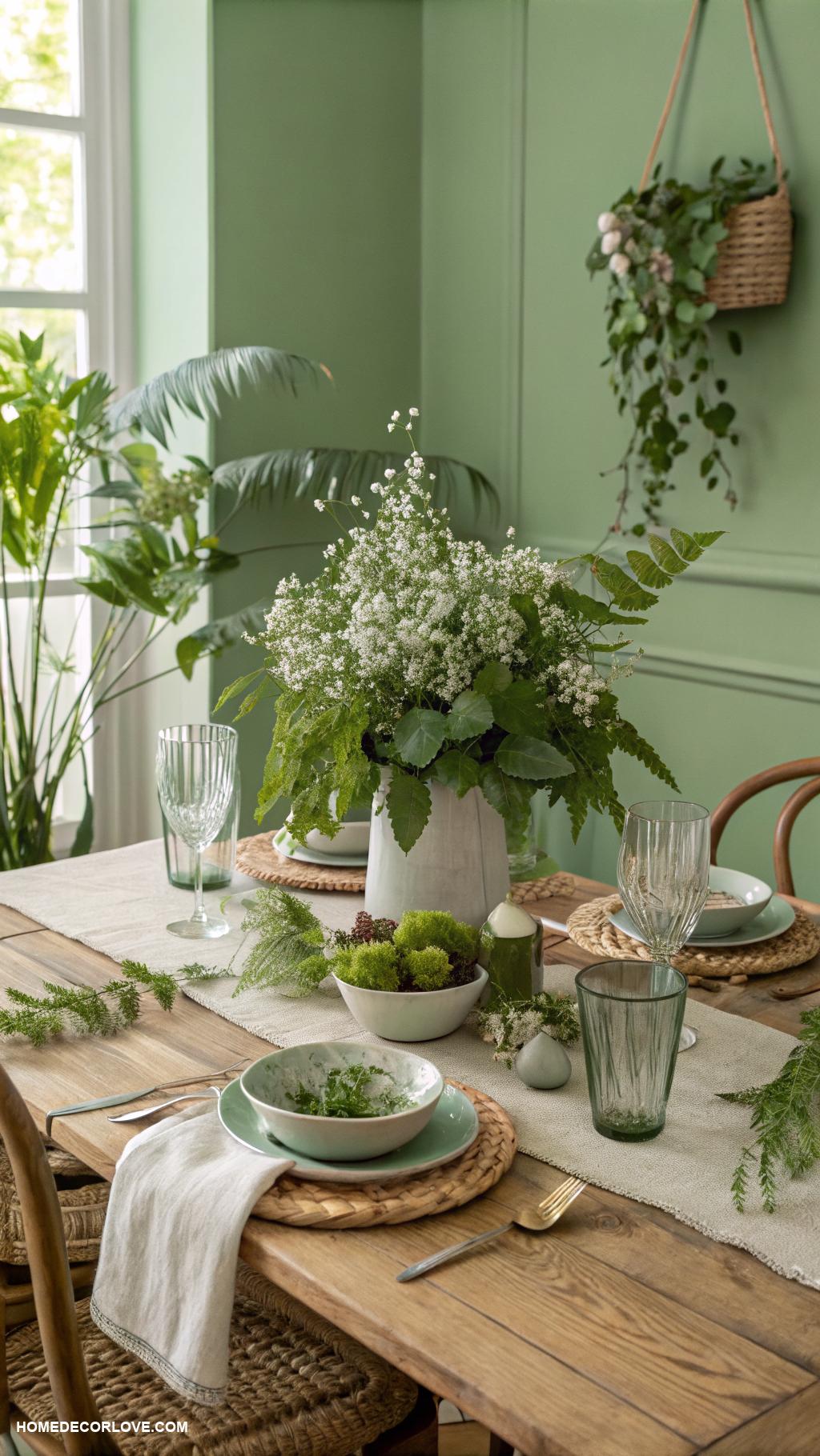 green dining room ideas Nature inspired table settings with foliage