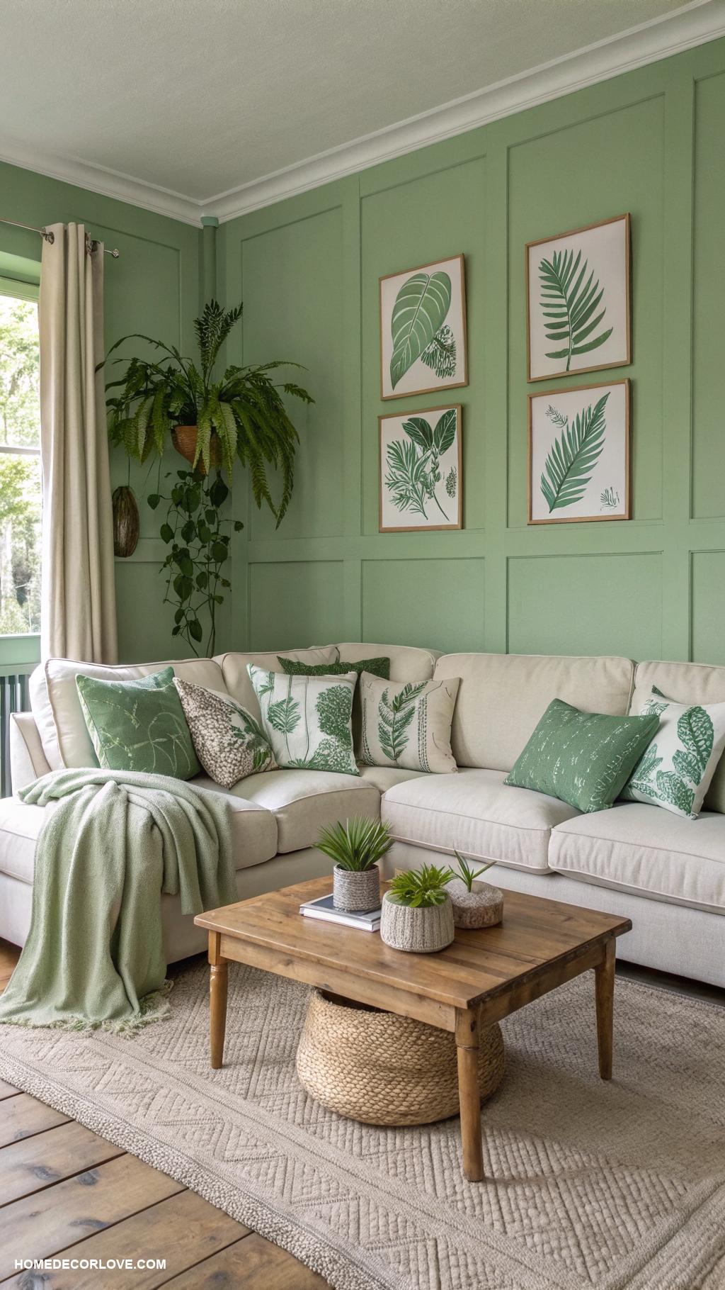 green living room ideas Add green accents with organic cushions