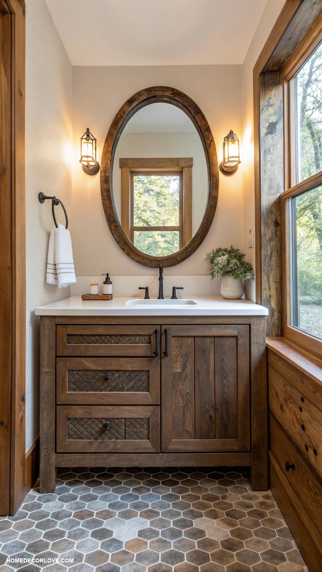 half bathroom ideas Natural wood accents for warmth and texture