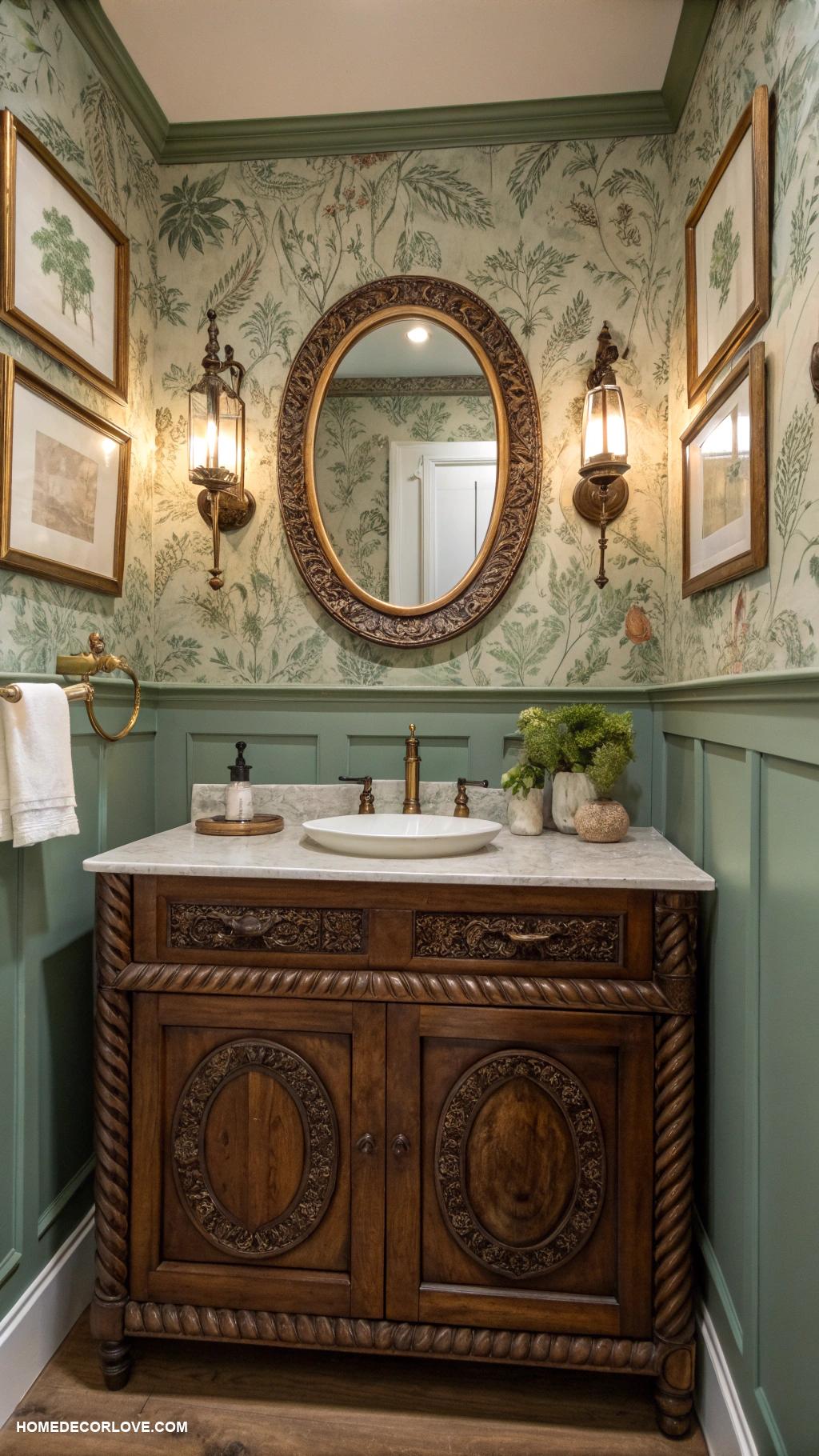 half bathroom ideas Vintage mirrors to add character and elegance