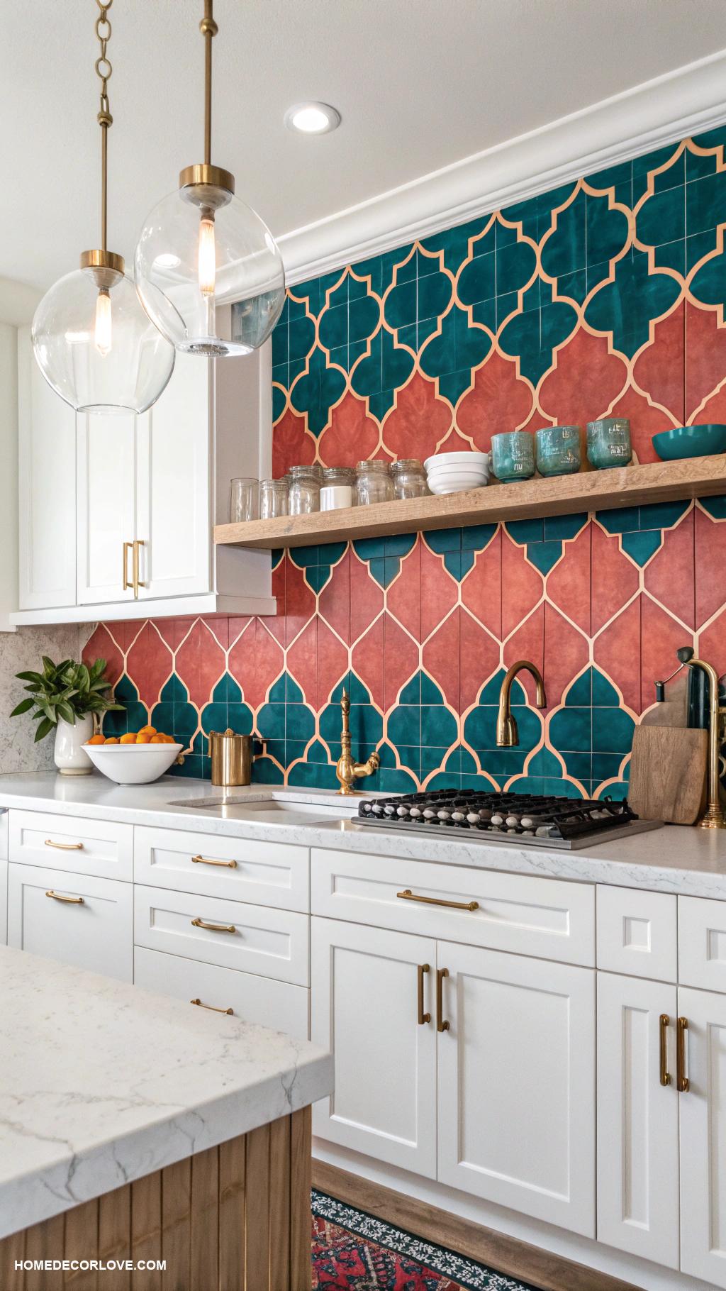 kitchen backsplash with white cabinets Bold colored tiles for contrast