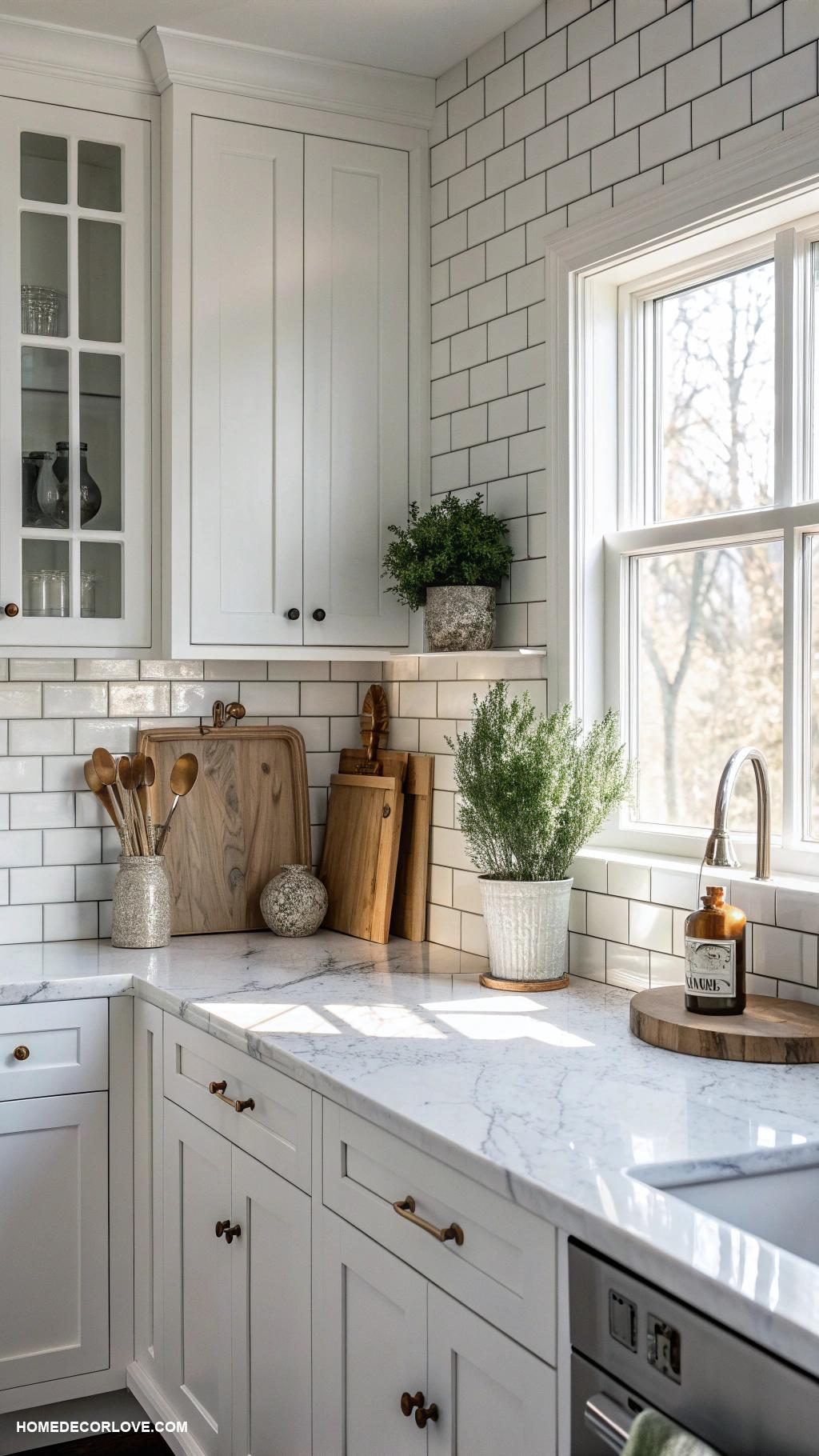 kitchen backsplash with white cabinets Classic subway tiles in glossy white