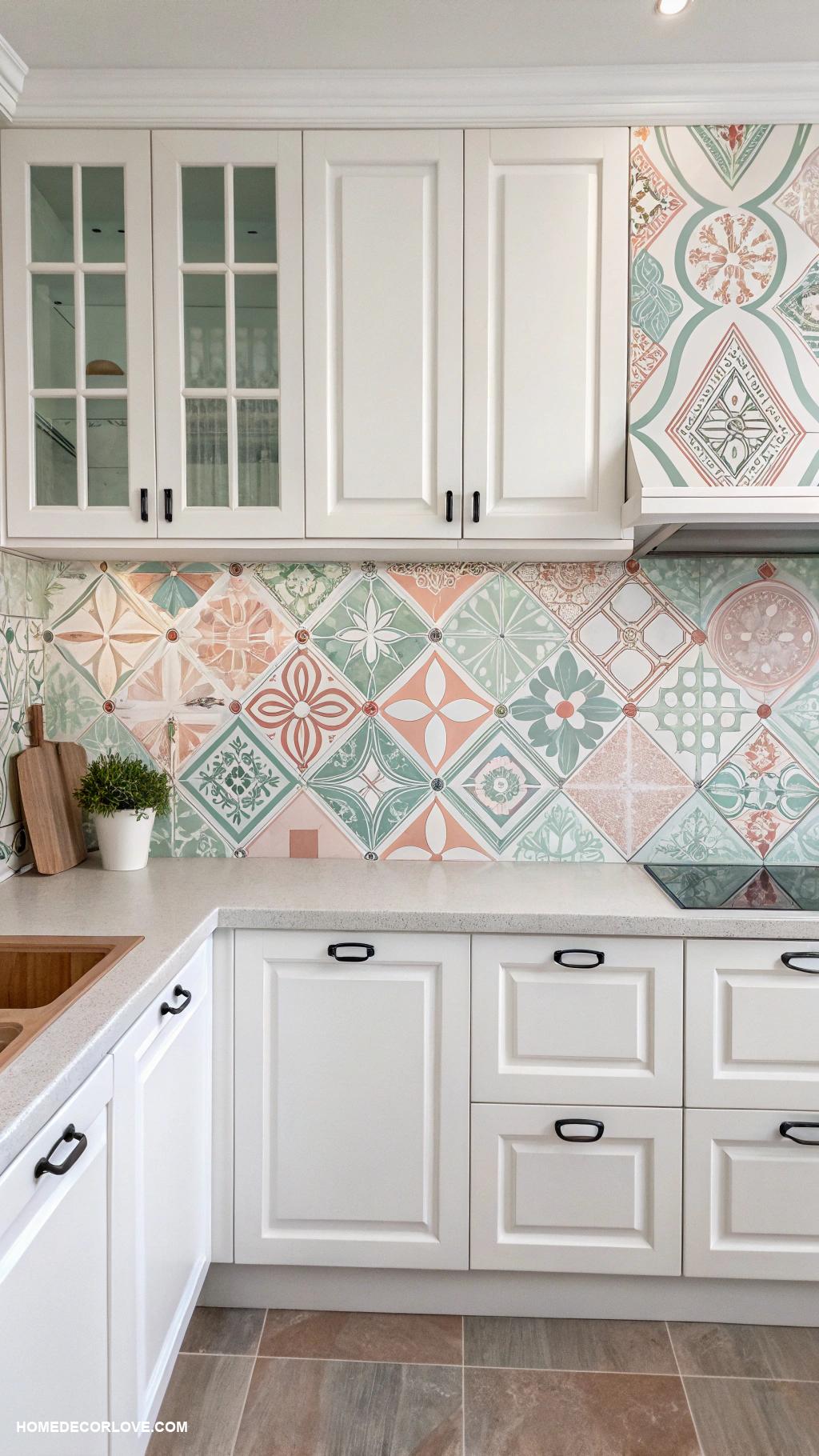 kitchen backsplash with white cabinets Geometric patterned tiles in soft colors