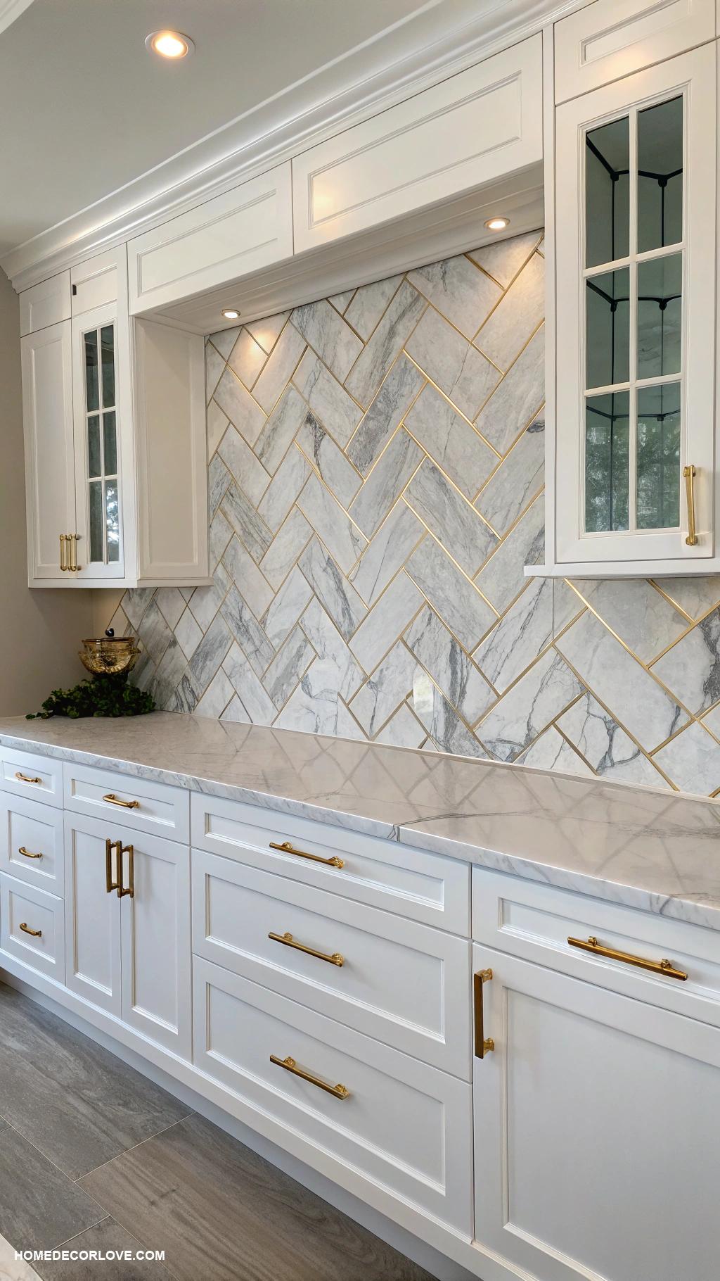 kitchen backsplash with white cabinets Marble look tiles for elegant touch