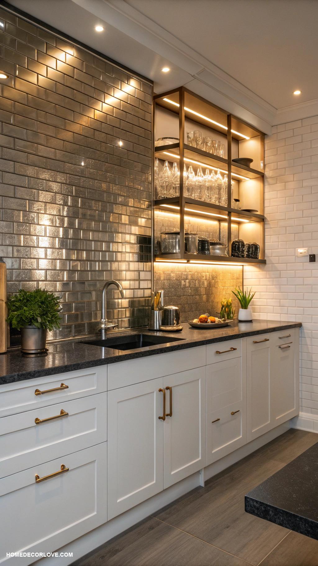 kitchen backsplash with white cabinets Metallic tiles for industrial vibe