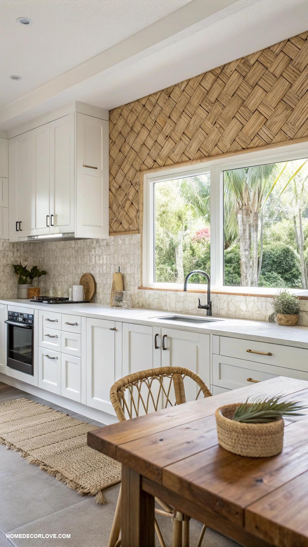 kitchen backsplash with white cabinets Woven bamboo for eco friendly look