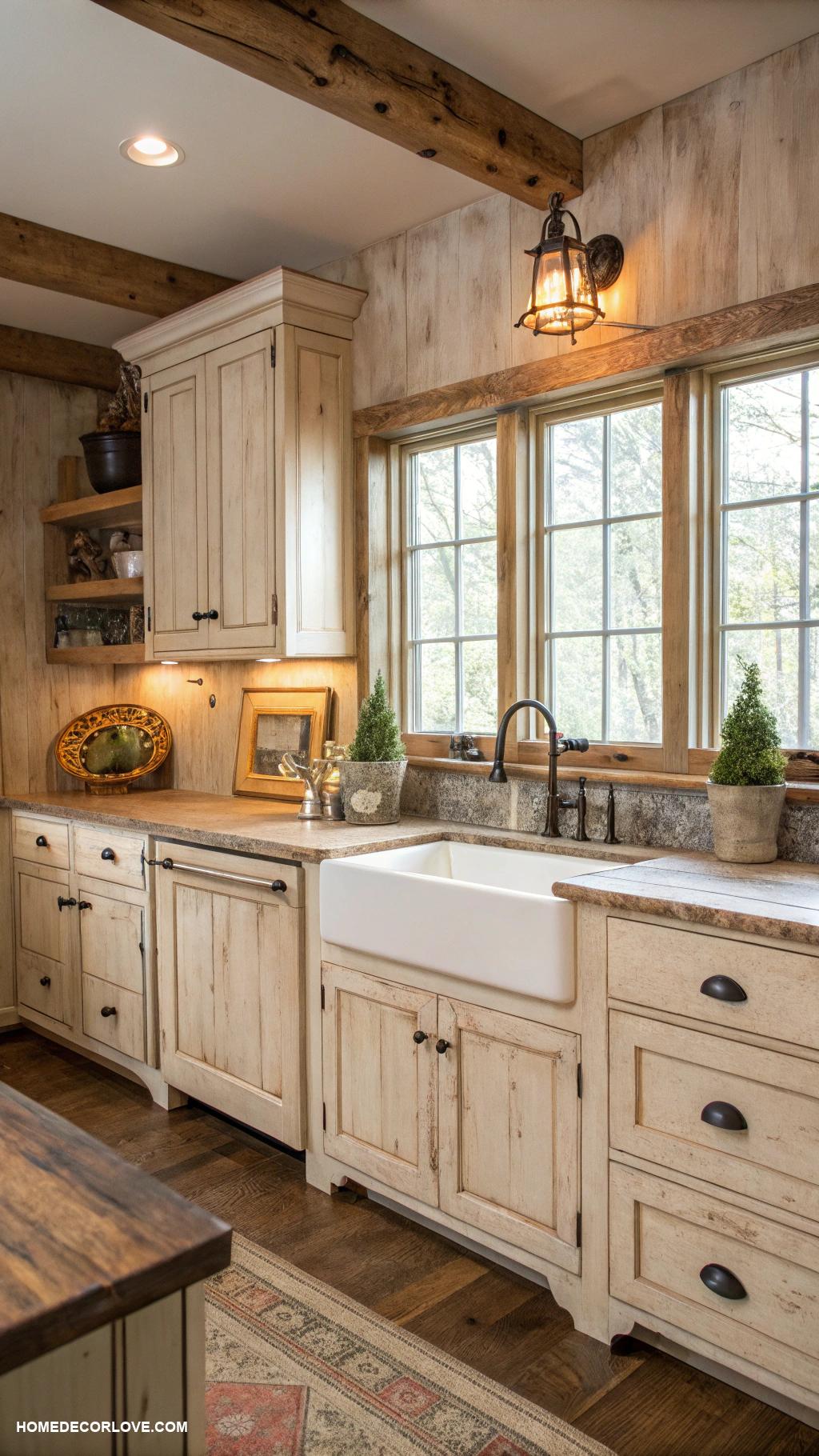 maple kitchen cabinets Distressed maple finish for rustic appeal