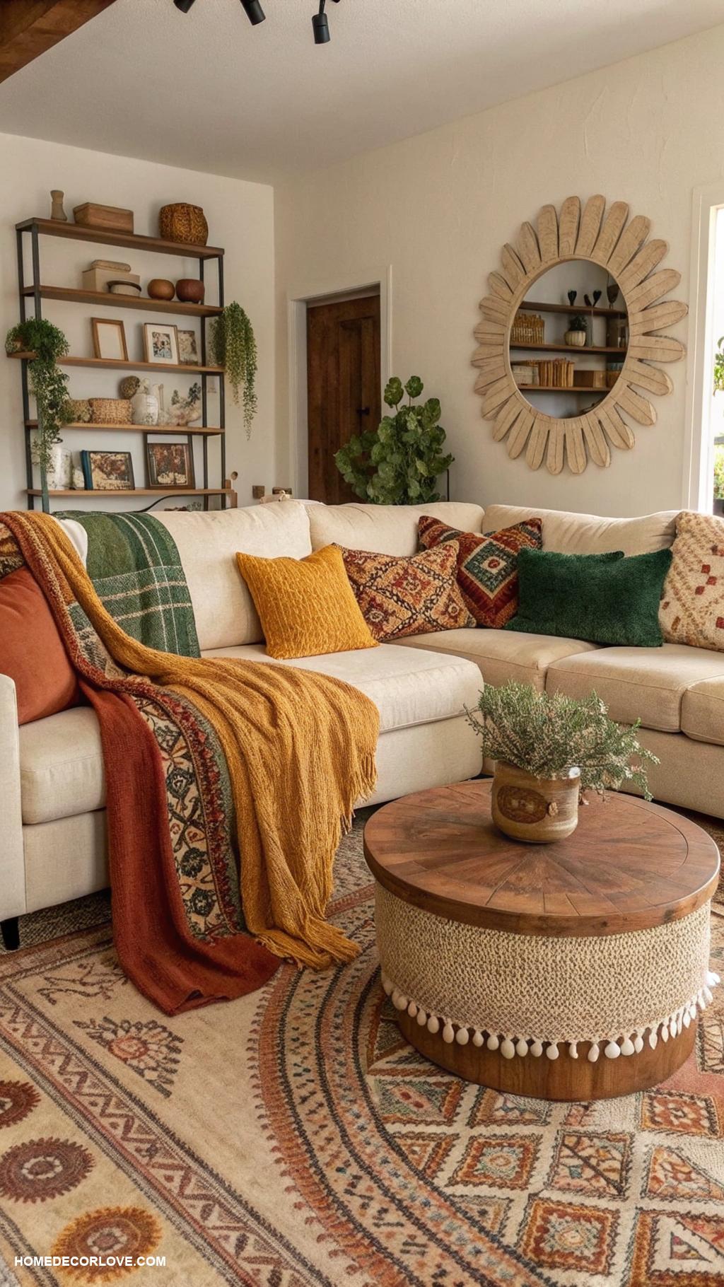 modern boho living room ideas Layered textiles for cozy seating areas