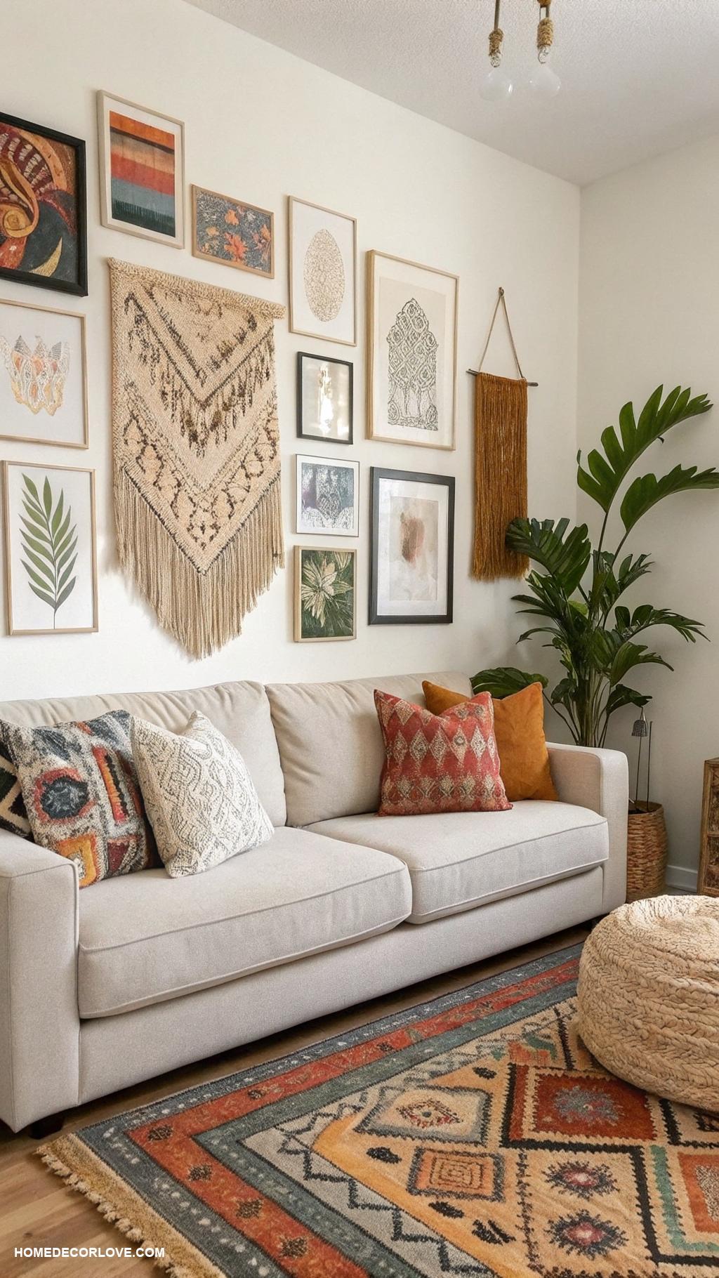 modern boho living room ideas Layered wall art for visual interest