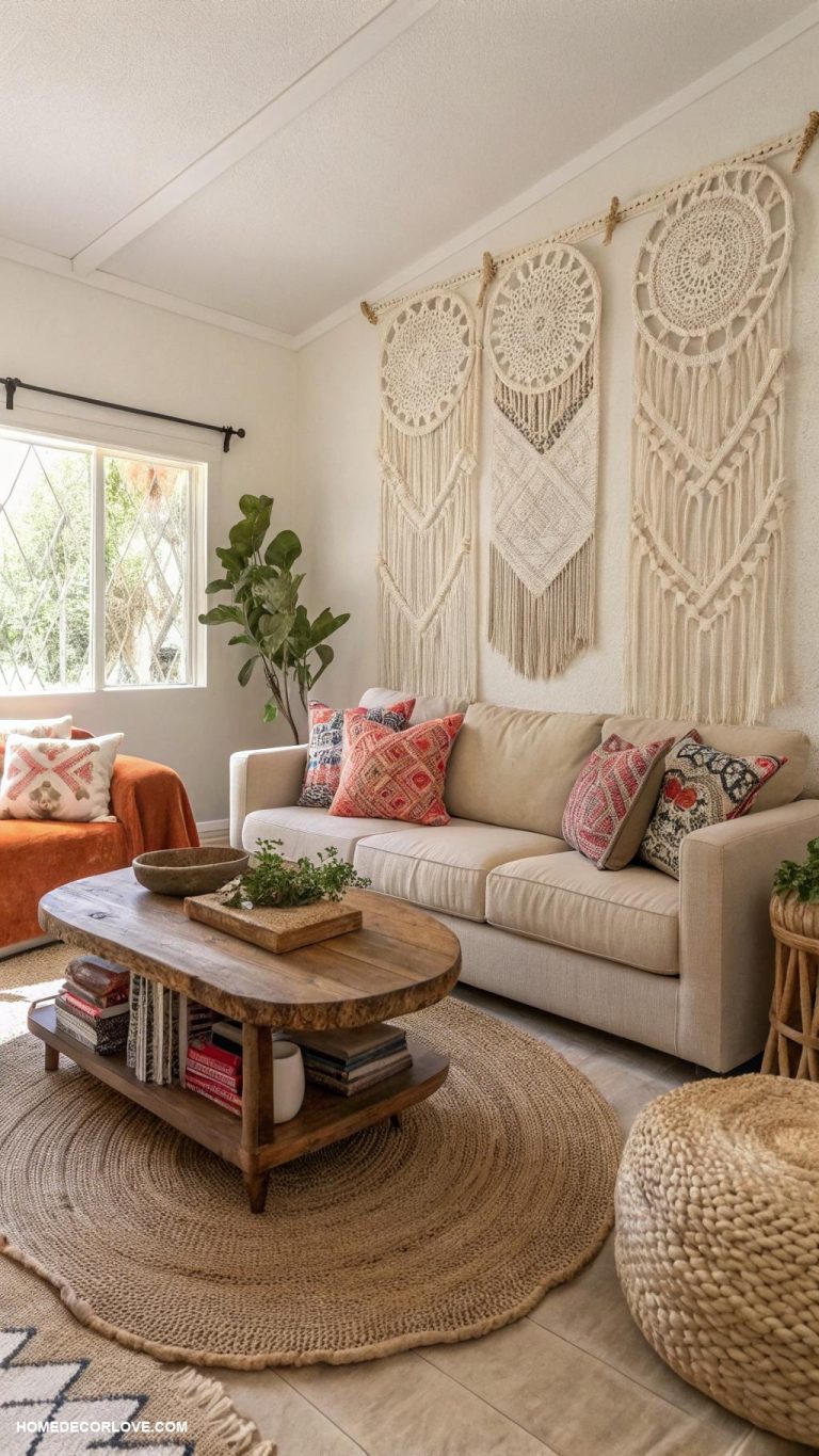 modern boho living room ideas Macrame wall hangings for artistic flair