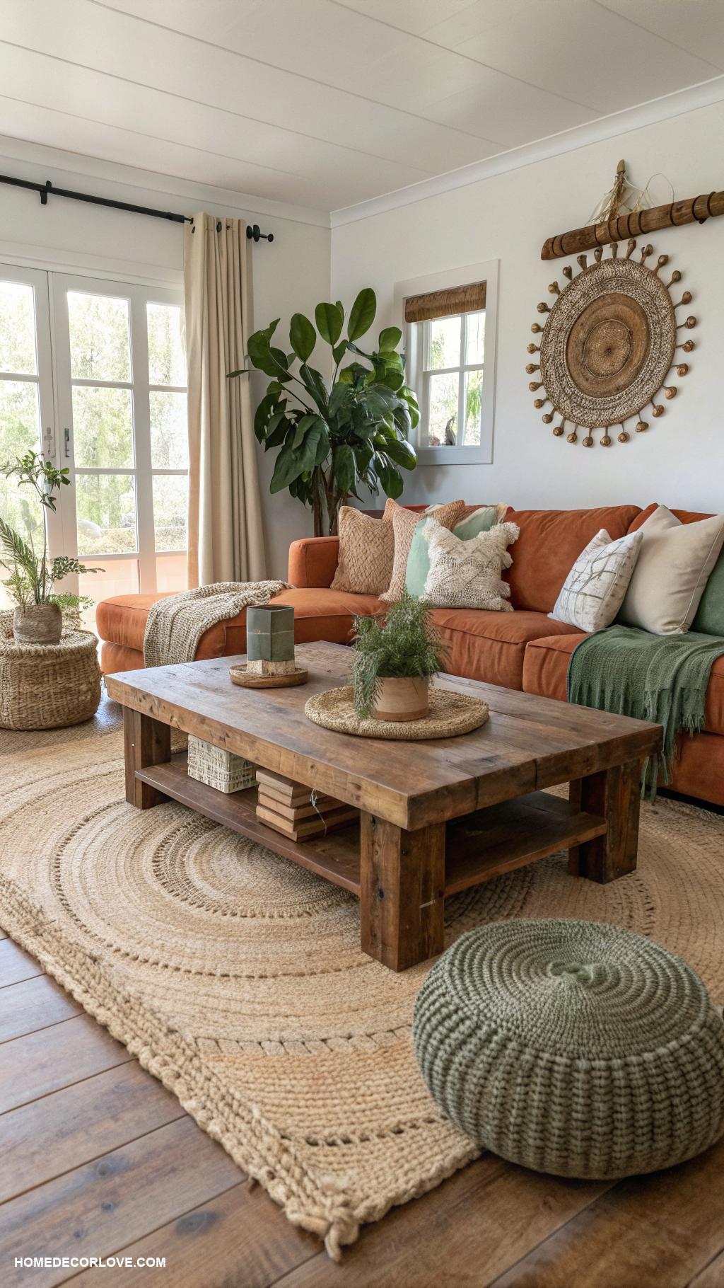 modern boho living room ideas Natural wood elements for earthy vibes