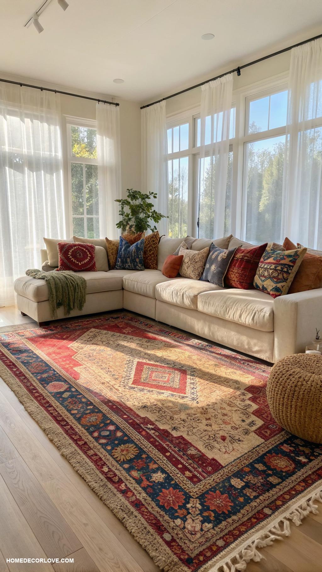 modern boho living room ideas Vintage rugs for added character