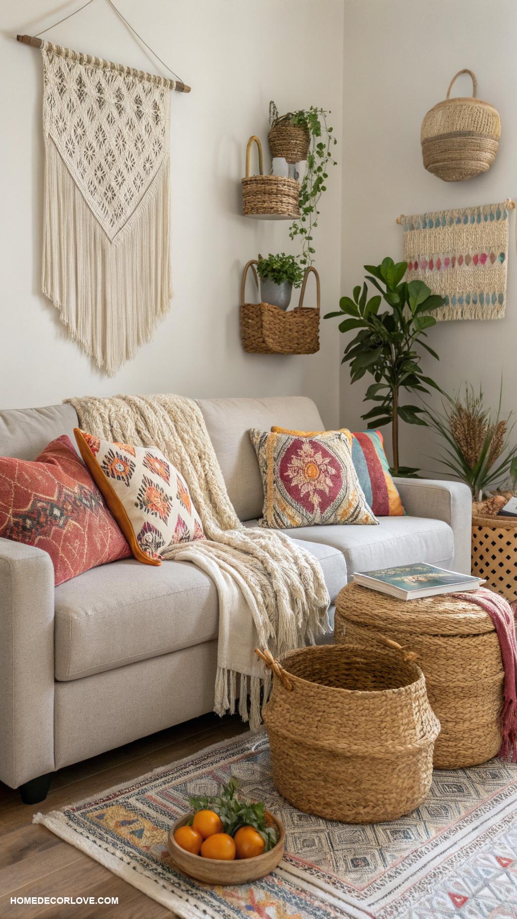 modern boho living room ideas Woven baskets for stylish storage solutions
