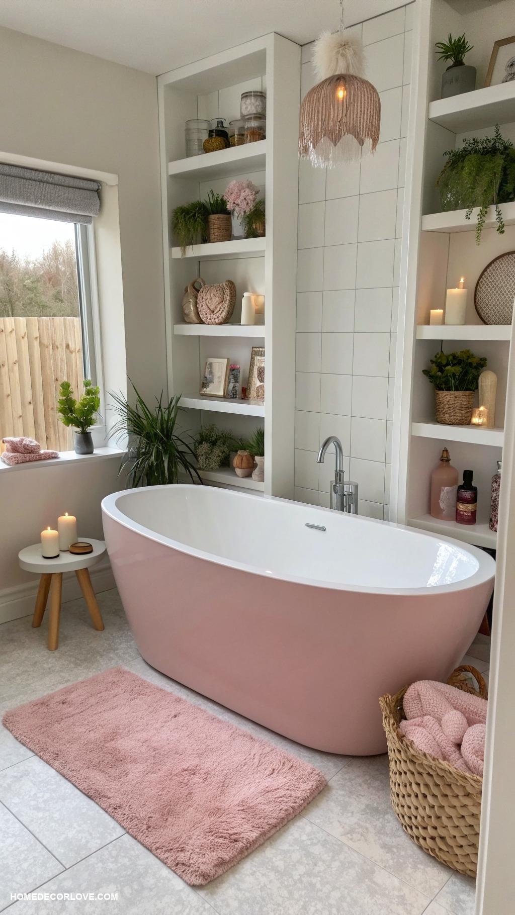 pink bathtub ideas Built in shelves for decor items