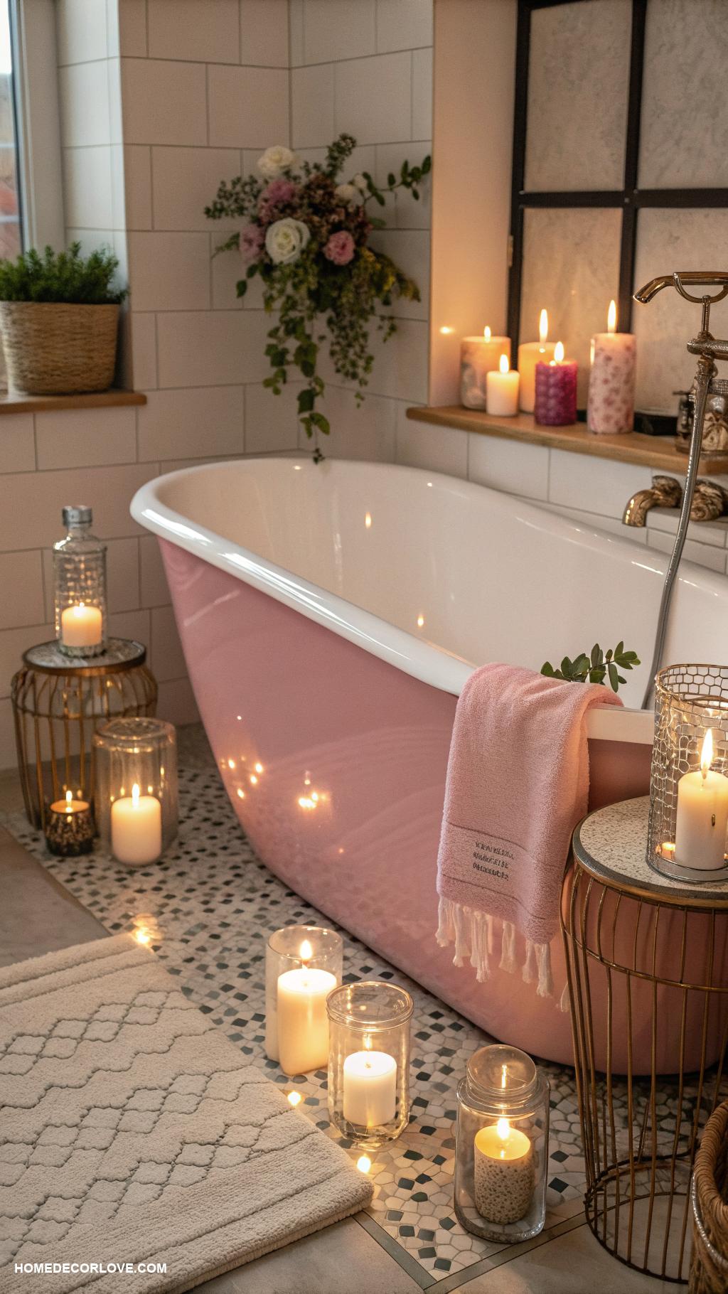 pink bathtub ideas Candle arrangement on the edge