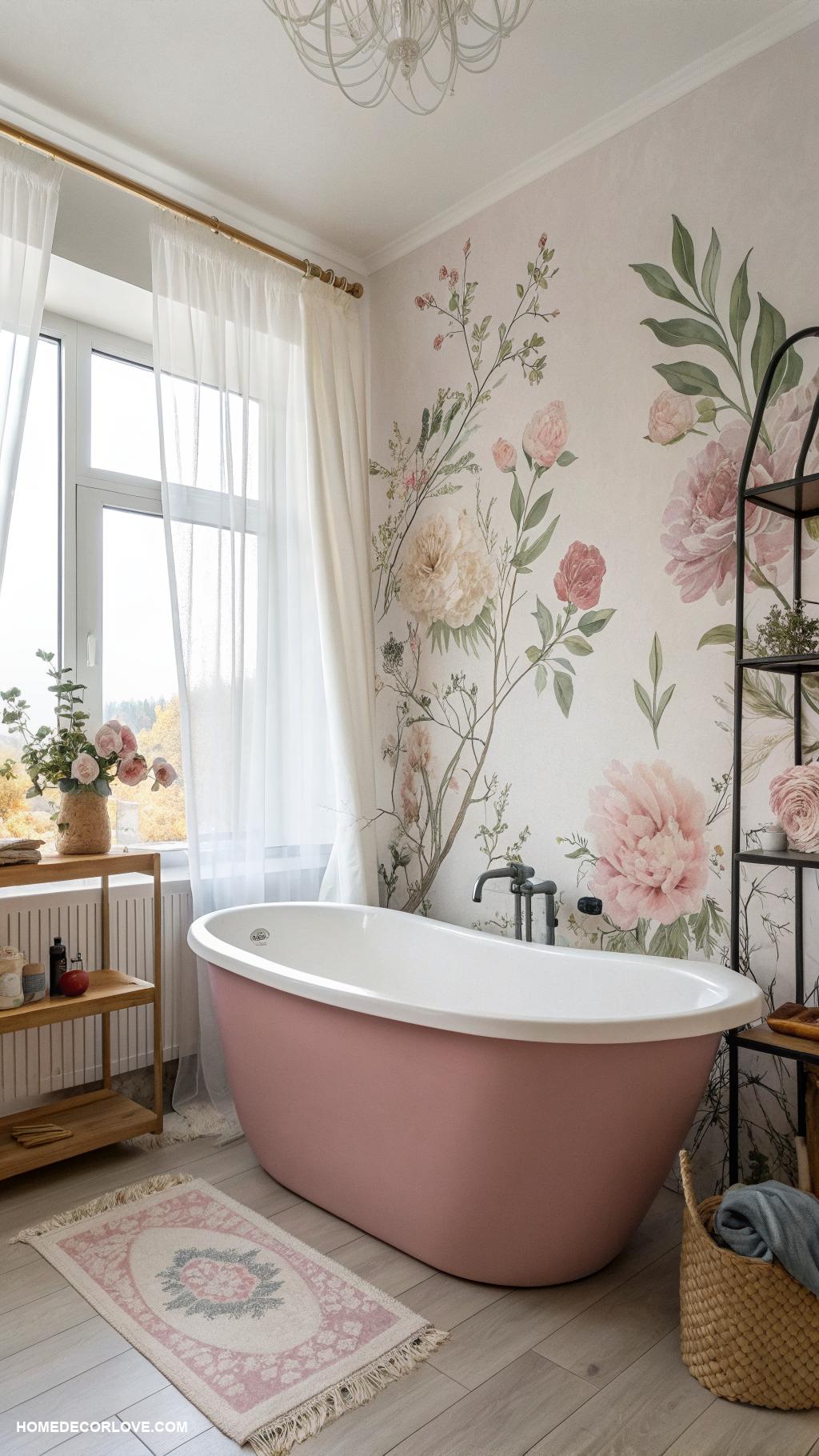 pink bathtub ideas Floral wall decals around the bathtub