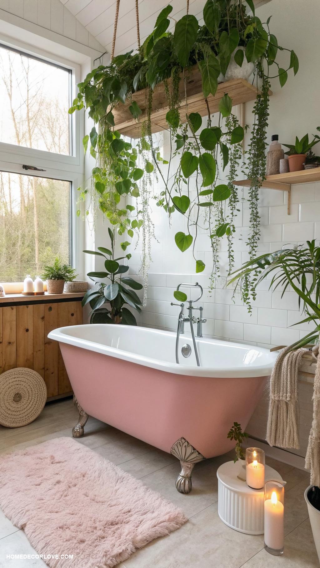 pink bathtub ideas Hanging plants above the bathtub