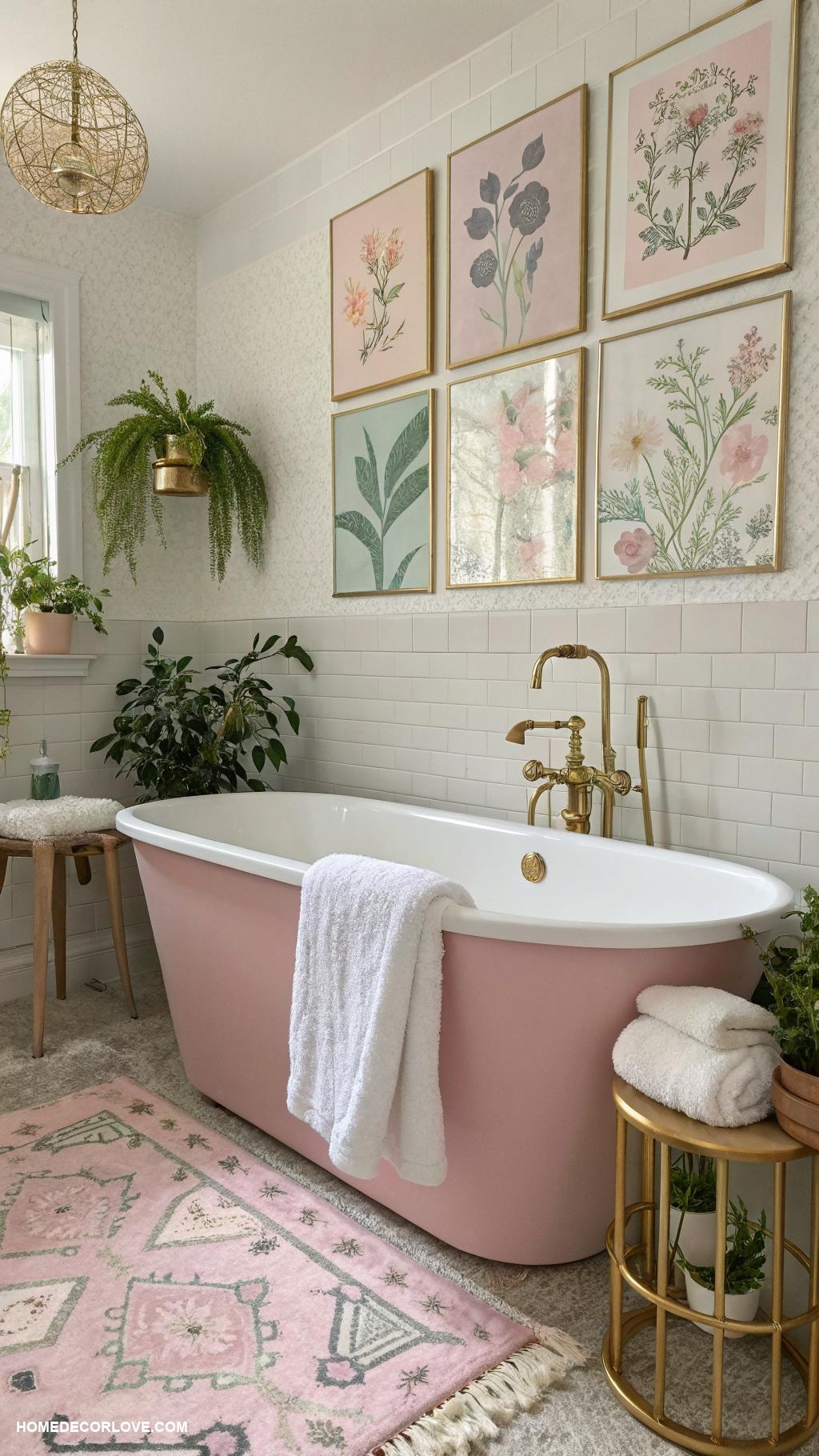 pink bathtub ideas Pastel art pieces on walls