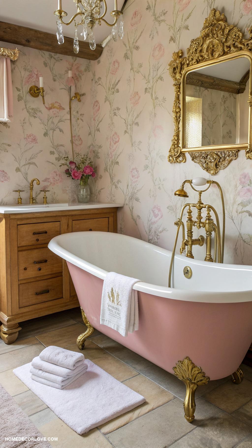 pink bathtub ideas Vintage gold fixtures for contrast