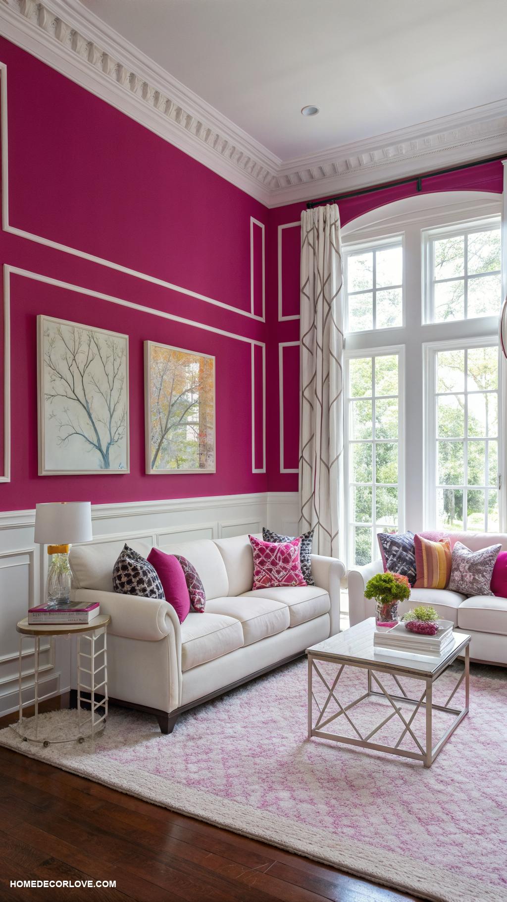 pink living room ideas Bold fuchsia accent wall with white trim