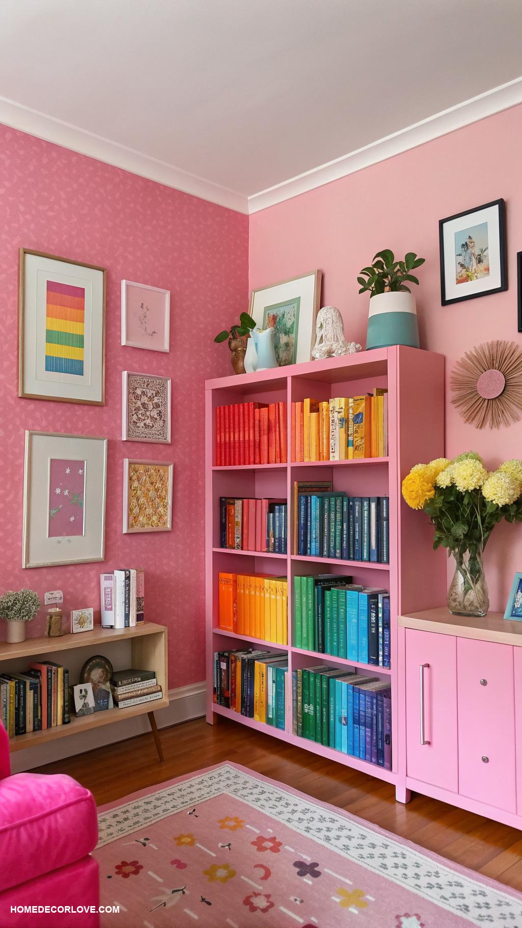 pink living room ideas Colorful bookshelves with pink decor items
