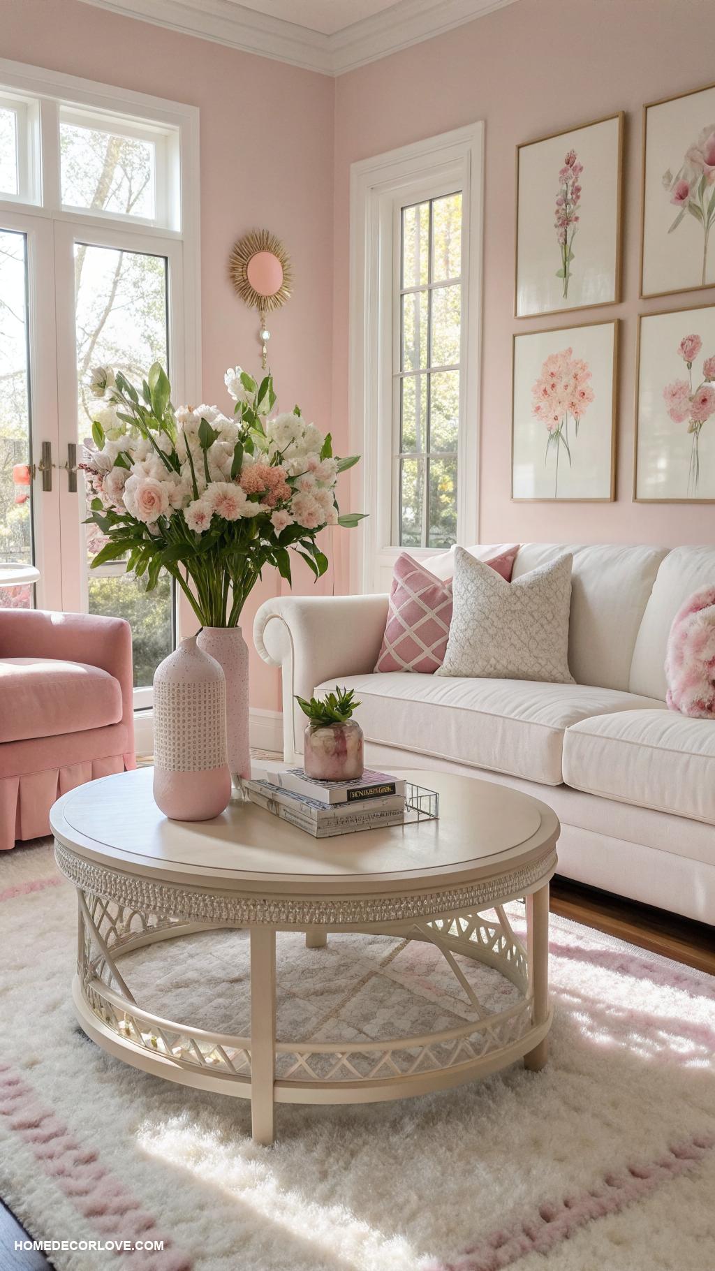 pink living room ideas Light pink coffee tables with decorative vases