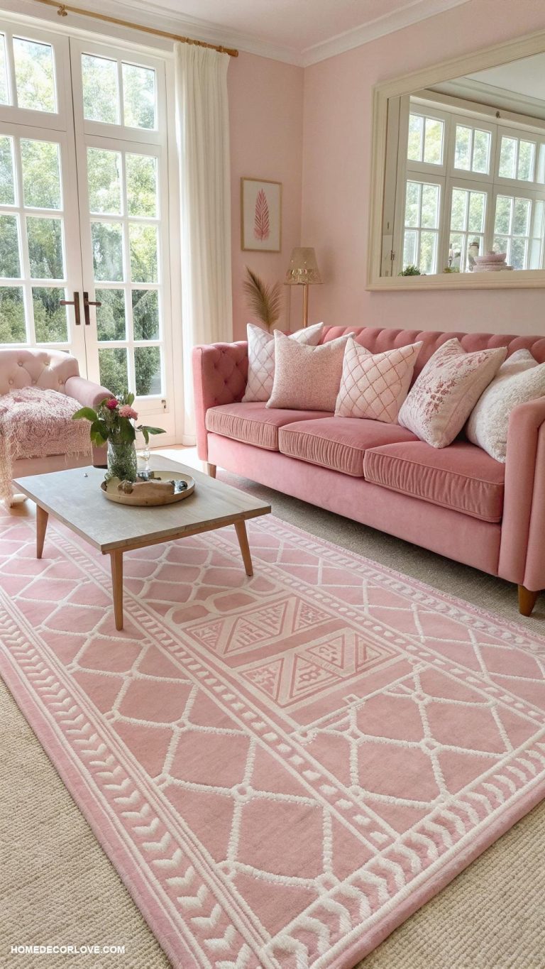 pink living room ideas Neutral rug with pink geometric patterns