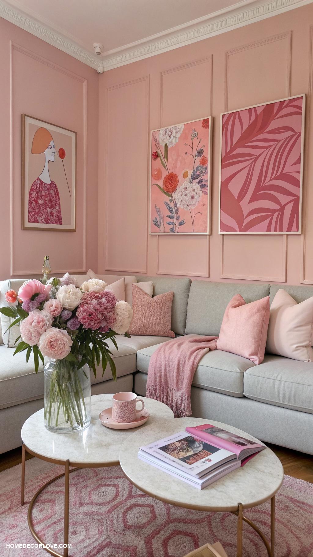 pink living room ideas Pink wall art featuring abstract designs