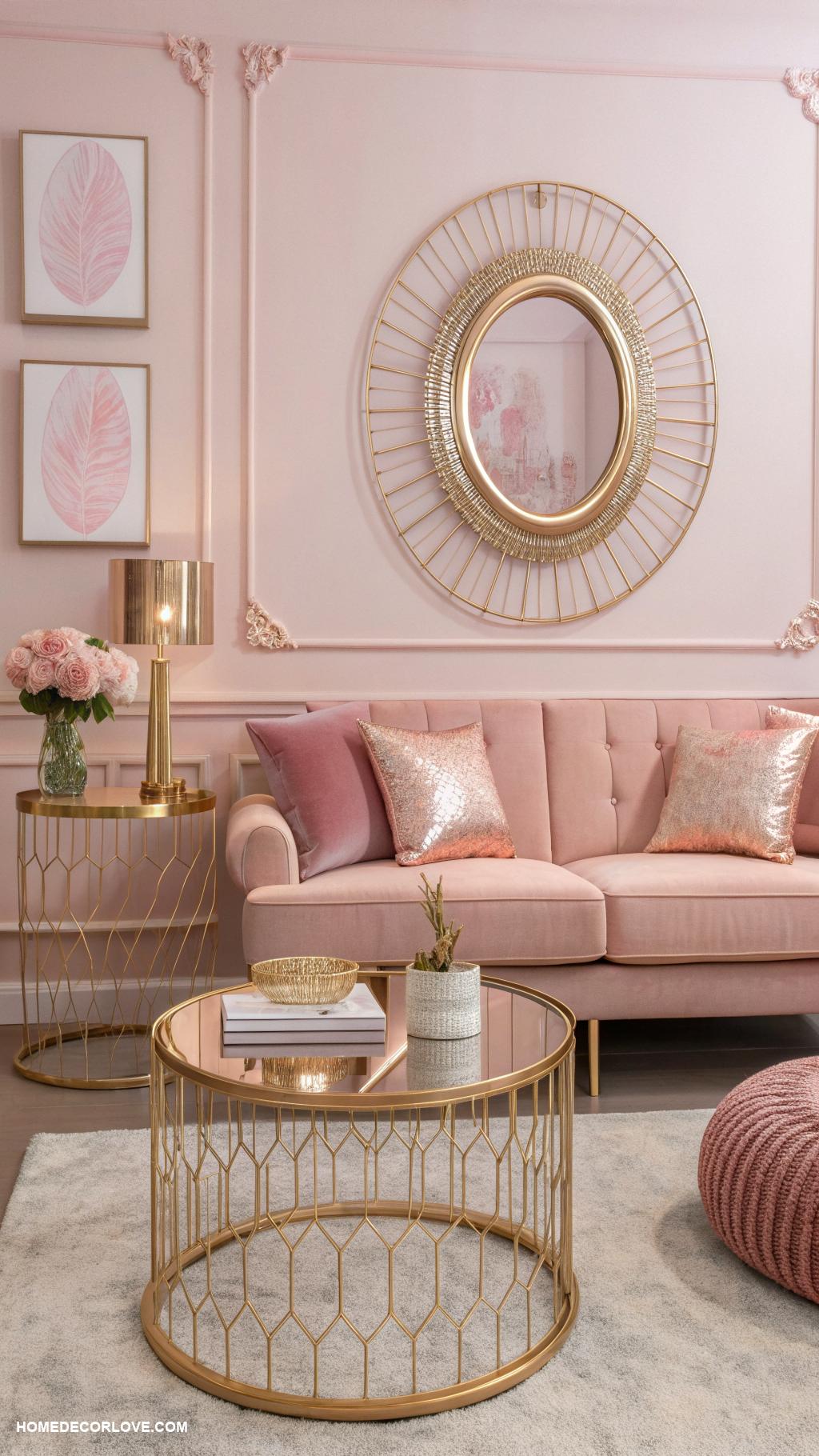 pink living room ideas Rose gold decor elements and mirrors
