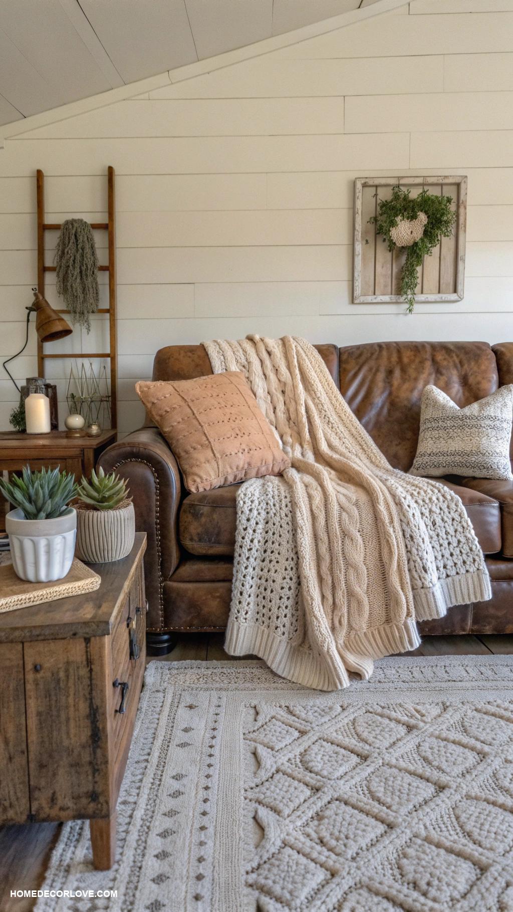 rustic farmhouse living room Cozy knit blankets on sofas
