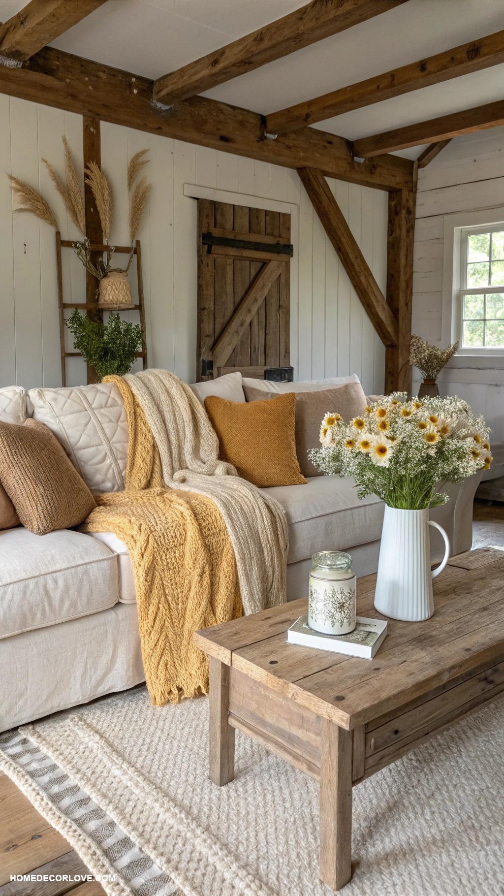 rustic farmhouse living room Cozy knit throws on the sofa