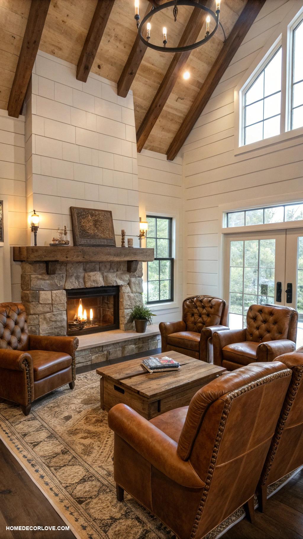 rustic farmhouse living room Distressed leather armchairs for comfort