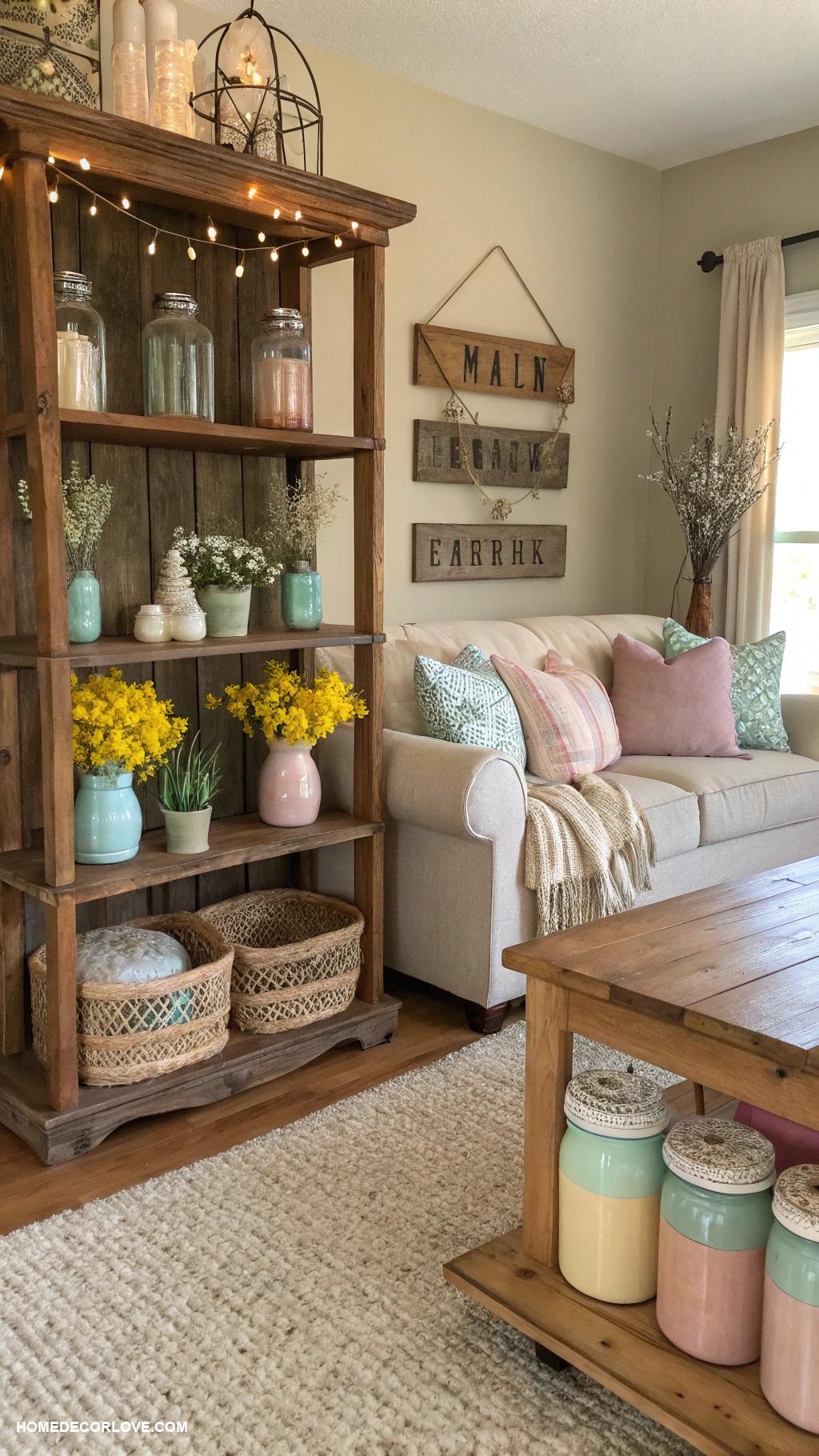 rustic farmhouse living room Mason jar decor on shelves
