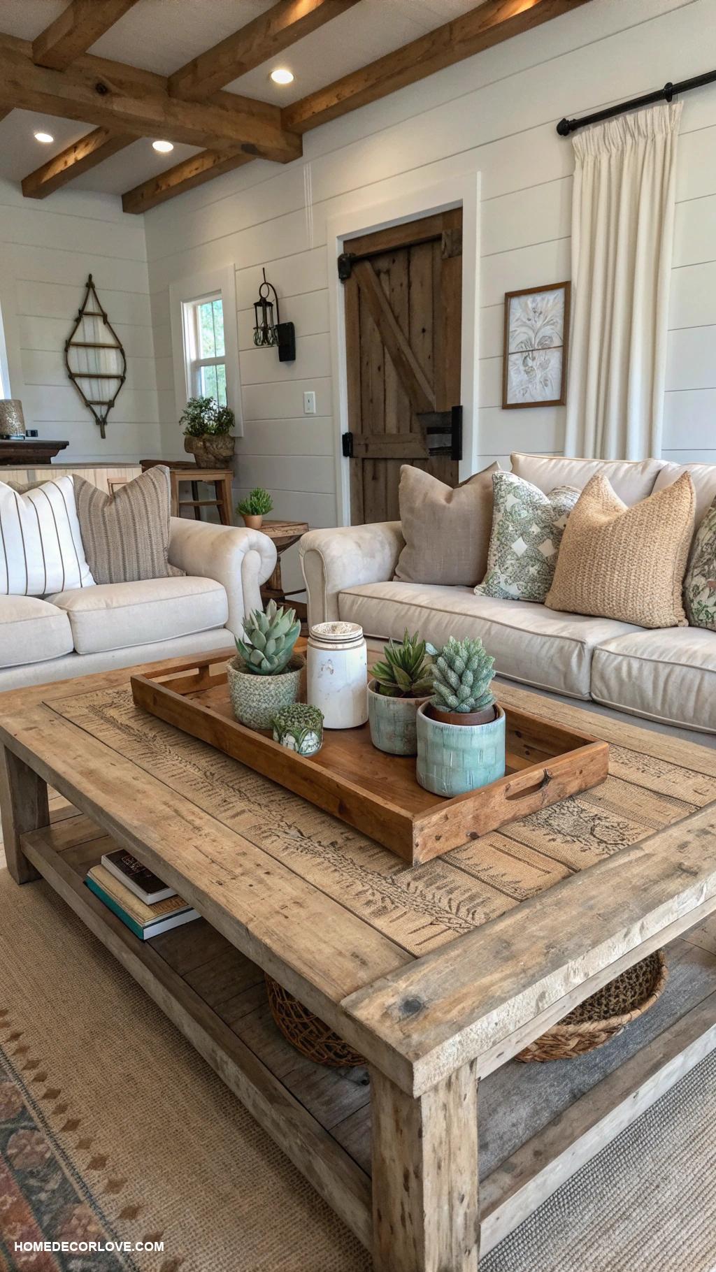 rustic farmhouse living room Reclaimed wood coffee table centerpiece 1