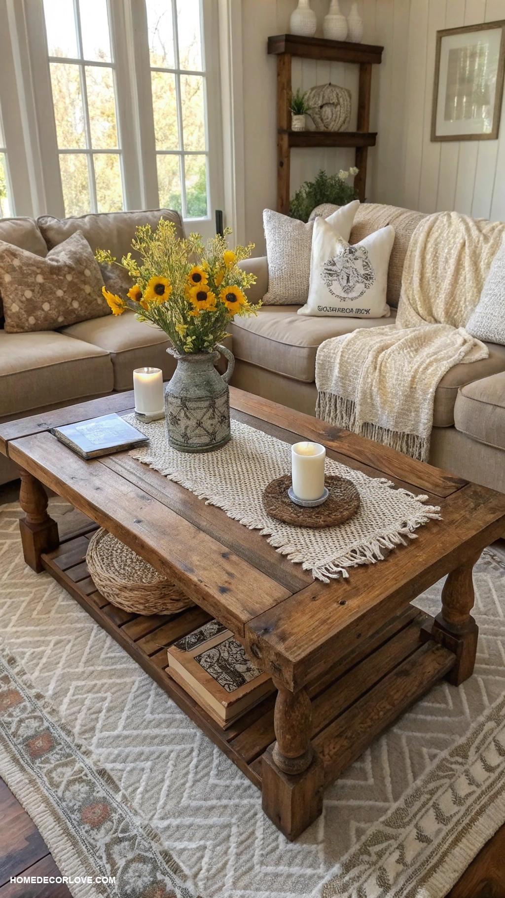 rustic farmhouse living room Reclaimed wood coffee table centerpiece