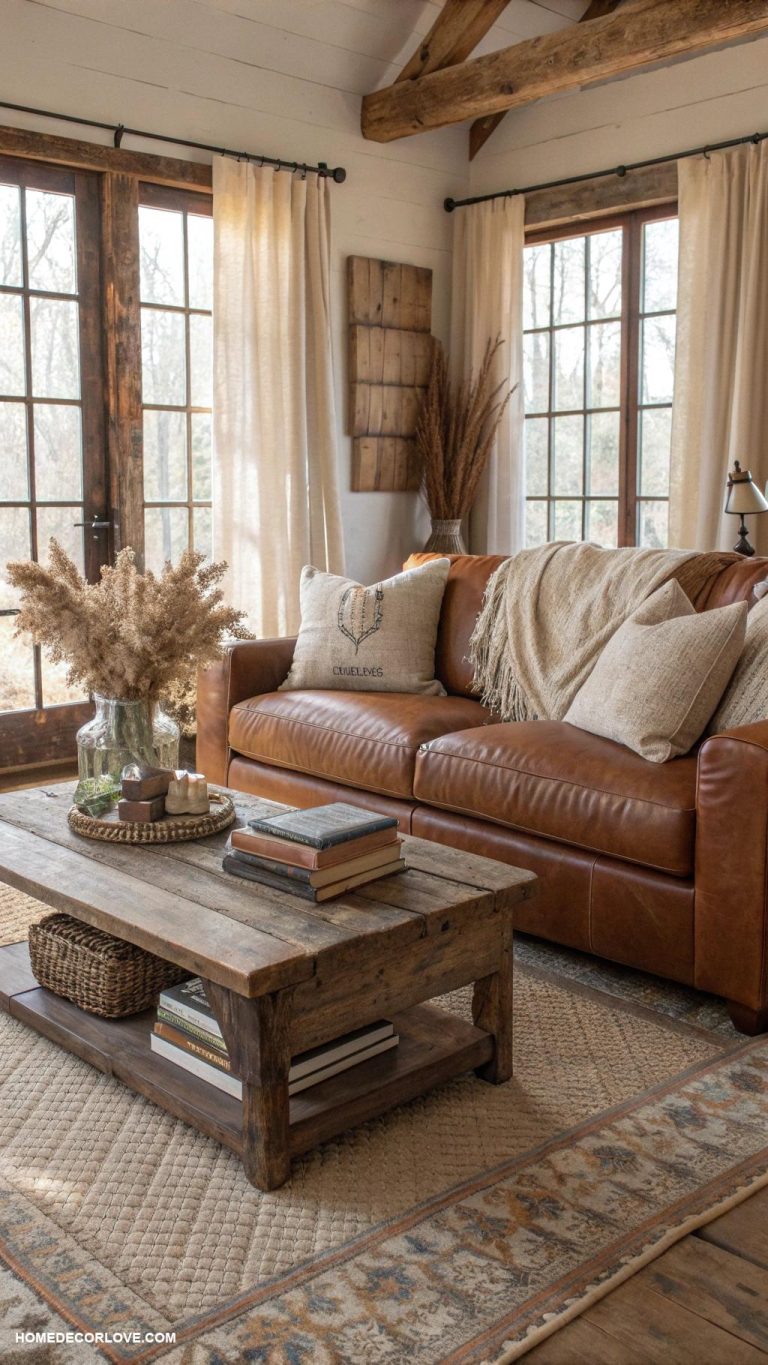 rustic farmhouse living room Soft earth tones in upholstery
