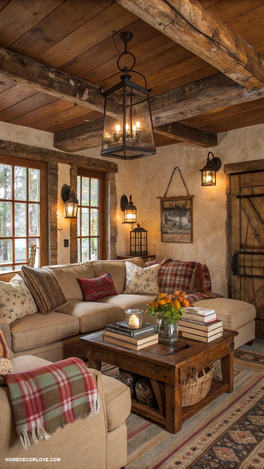 rustic farmhouse living room Vintage lanterns for ambient lighting