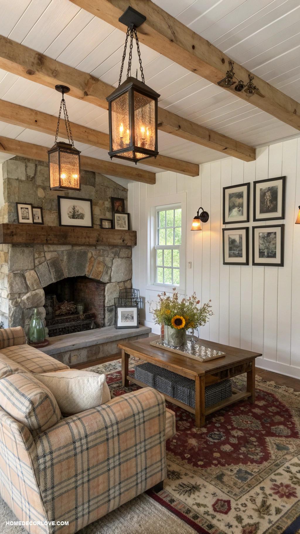 rustic farmhouse living room Vintage lanterns for soft lighting