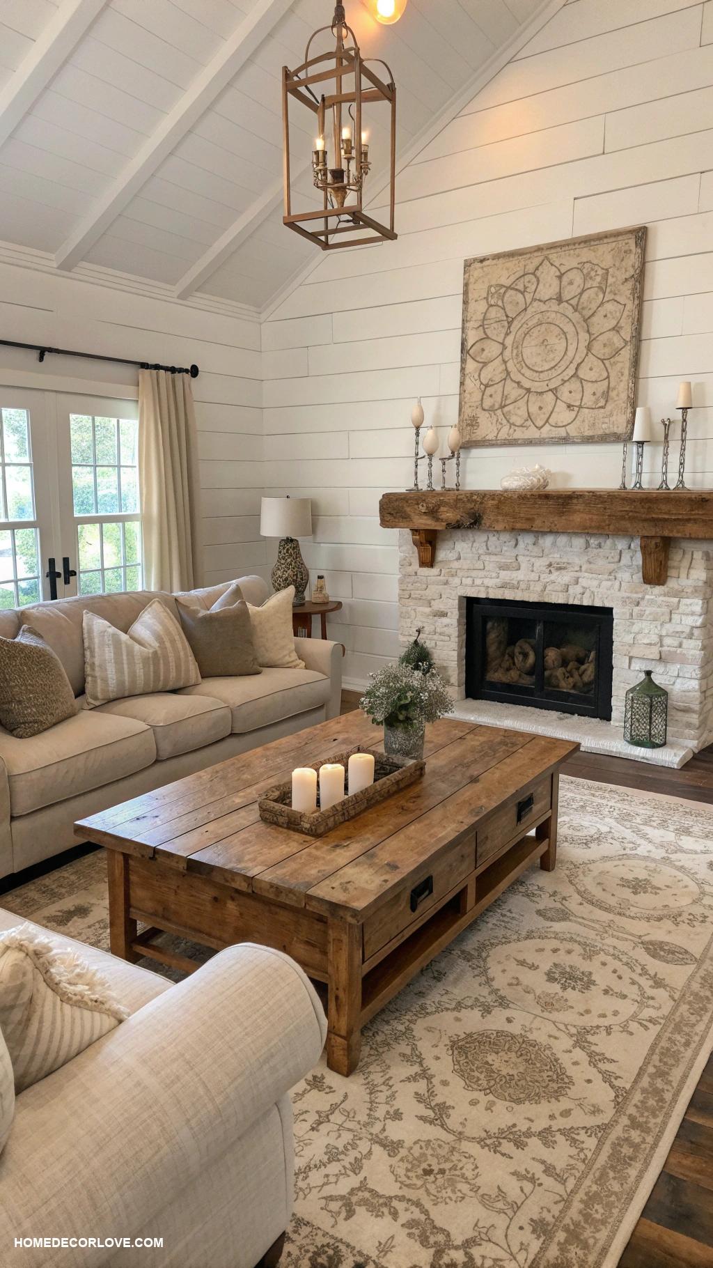 rustic farmhouse living room White shiplap walls for a classic look