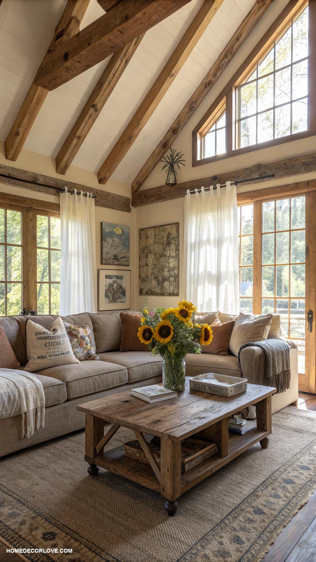rustic farmhouse living room Wooden beams for architectural interest