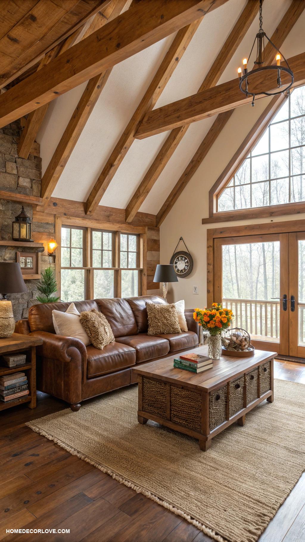 rustic farmhouse living room Wooden beams for ceiling aesthetics