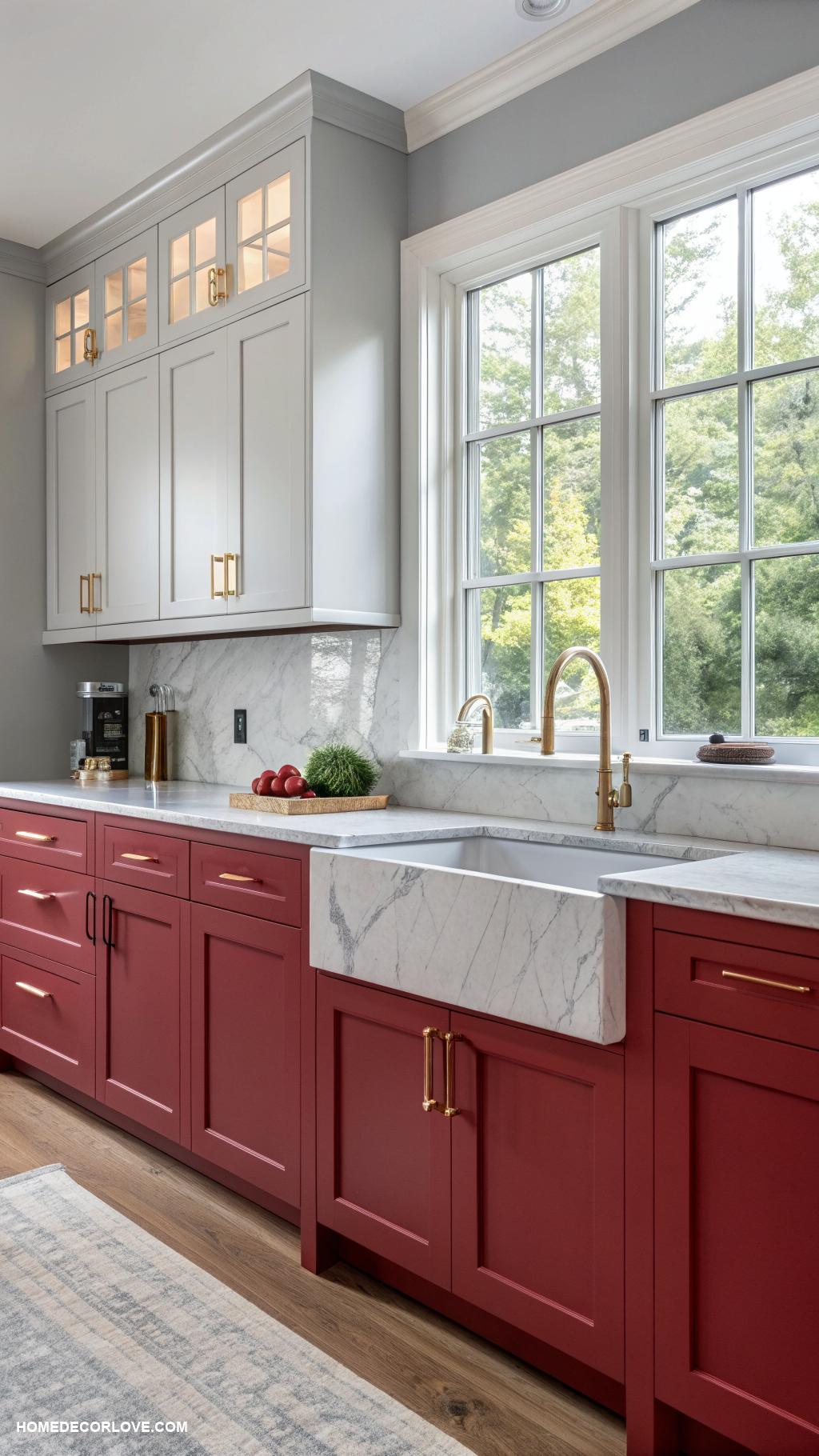 two tone kitchen cabinets Berry red and light gray cabinets