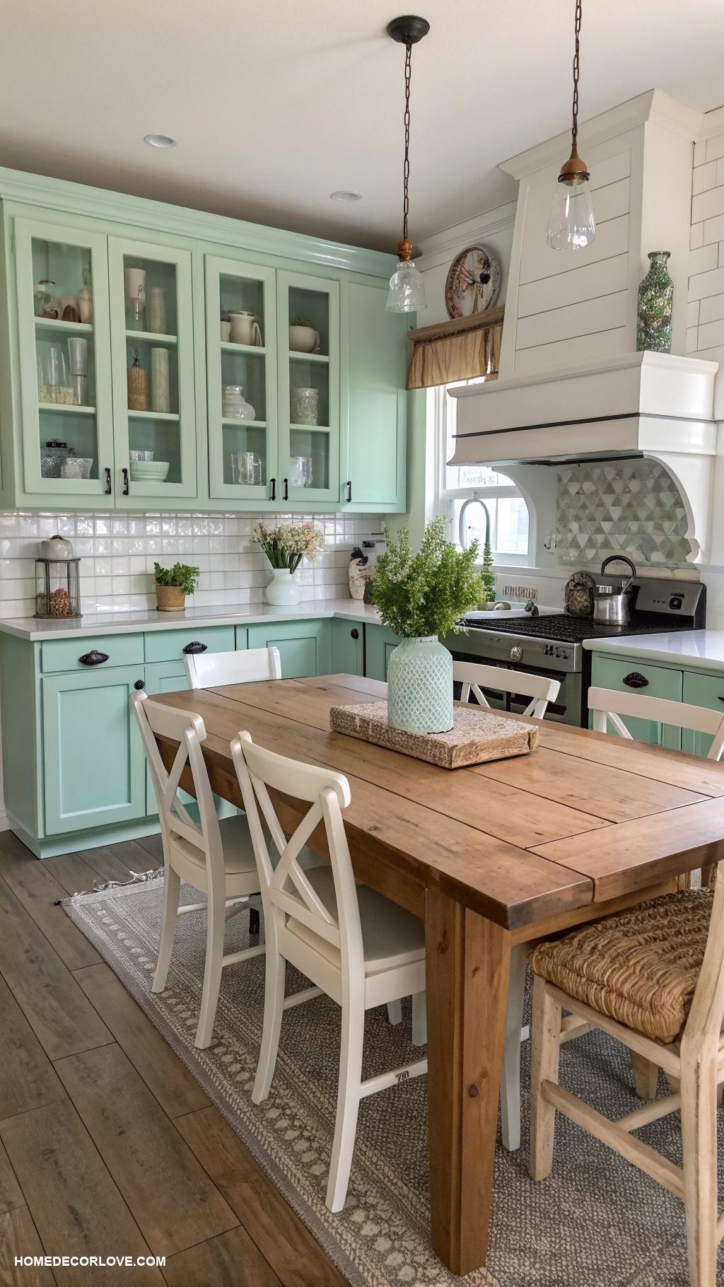 two tone kitchen cabinets Mint green and white farmhouse cabinets
