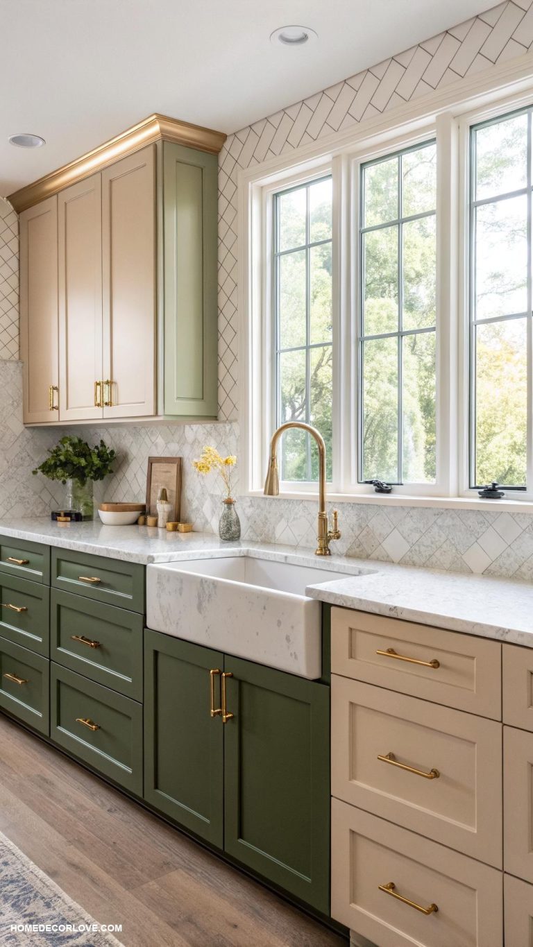 two tone kitchen cabinets Olive green and beige cabinets