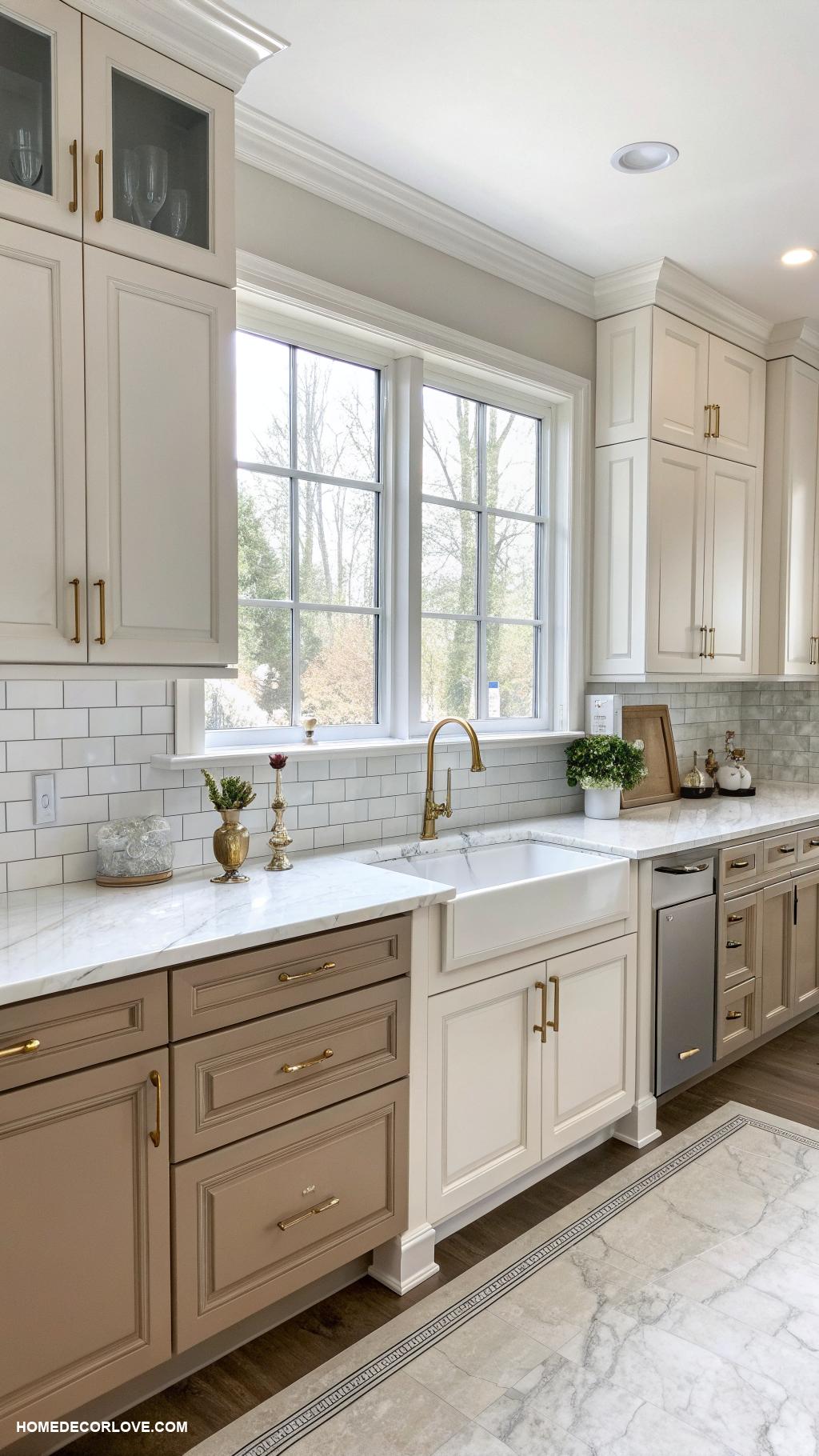 two tone kitchen cabinets Taupe and crisp white cabinets