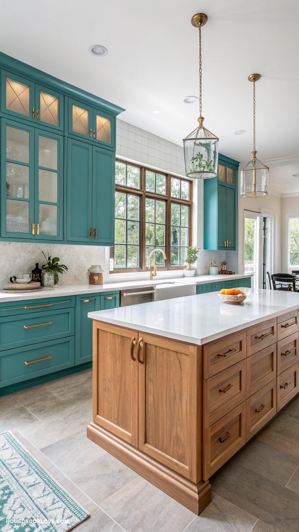 two tone kitchen cabinets Teal and natural wood cabinets