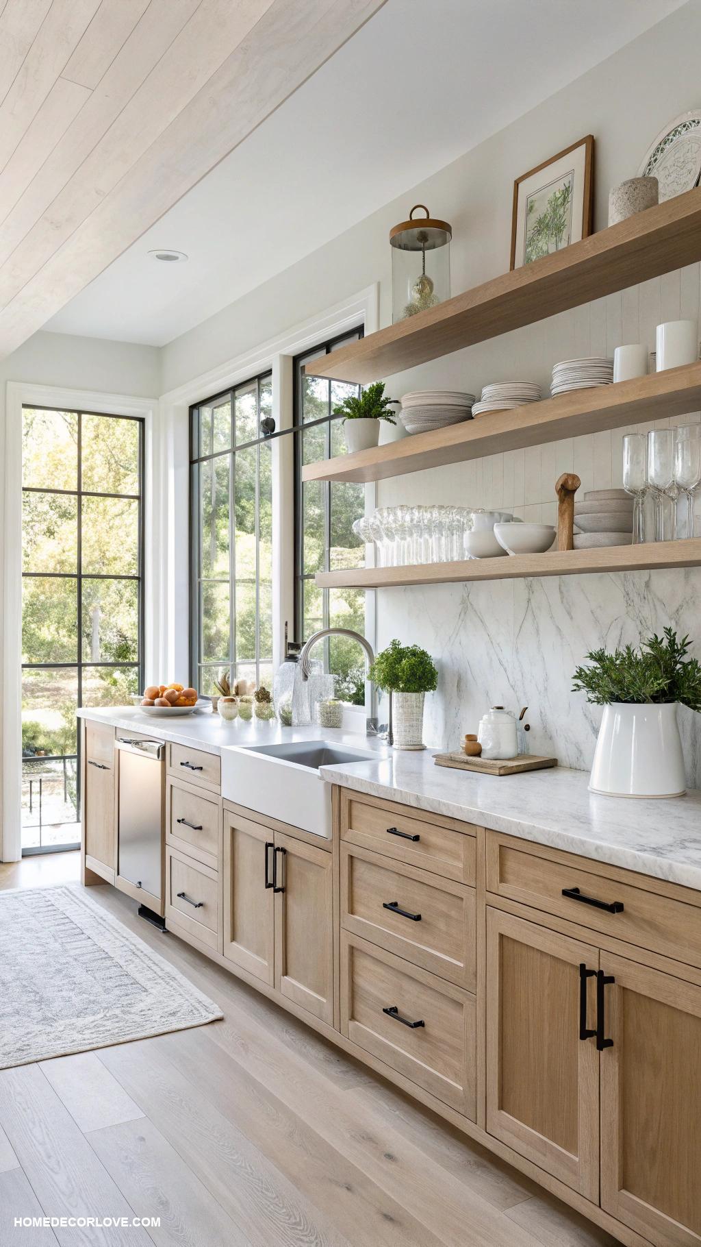 white oak kitchen cabinets Open shelving with white oak accents